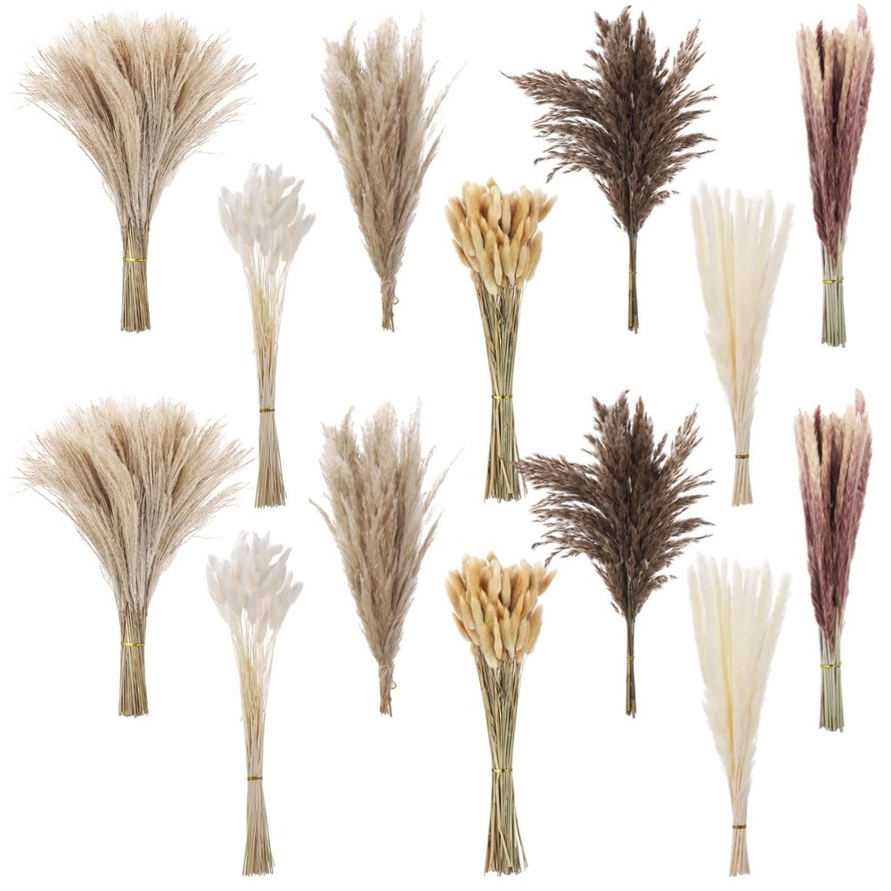 300 Pcs Dried Pampas Grass Bouquet with Natural Eucalyptus and Bunny Tail Grass, Bohemian Home Decoration, Perfect for Wedding and Table Centerpieces
