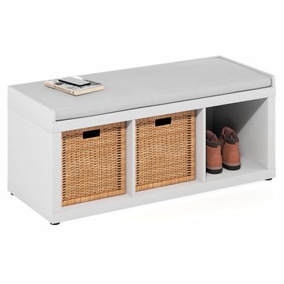 Furinno Cubicle Storage Bench, Shoe Bench with Padded Seat Cushion, 3-Cube Open Shelves Entryway Bench, for Closet, Entryway, Living Room, White