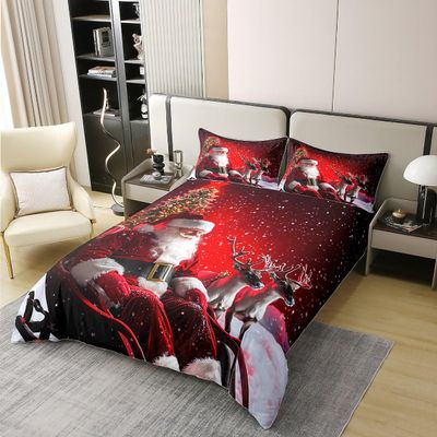 Manfei Santa Claus Kids Bedding Set King Size 100% Cotton,Elk Deer Snow Dots Duvet Cover SetChristmas Tree Holidays Quilt Cover,Red,2 Pillowcases(No Comforter)