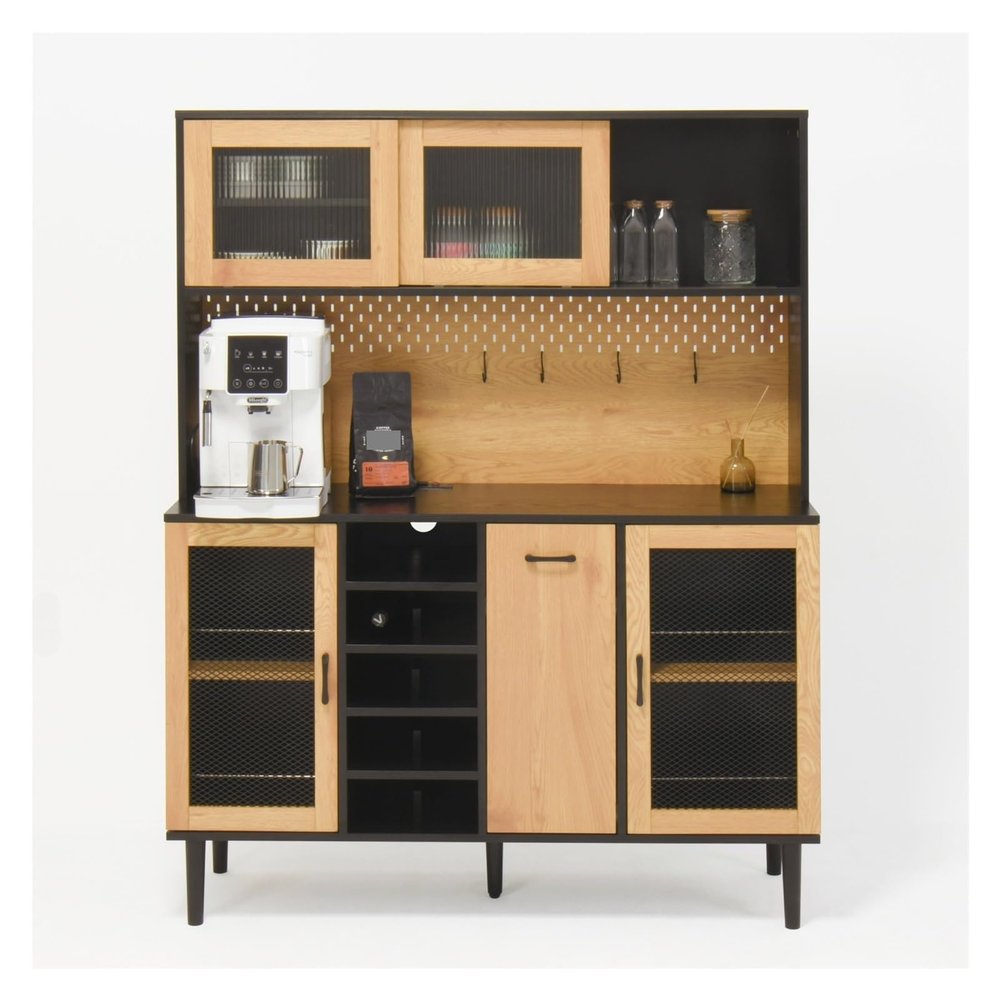 59" H Buffet Sideboard Cabinet with Storage Door & Power Outlet, Farmhouse Coffee Bar Cabinet with Wine Rack, Kitchen Pantry Living Room Black&Natural,for Kitchen