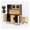 59" H Buffet Sideboard Cabinet with Storage Door & Power Outlet, Farmhouse Coffee Bar Cabinet with Wine Rack, Kitchen Pantry Living Room Black&Natural,for Kitchen view 3
