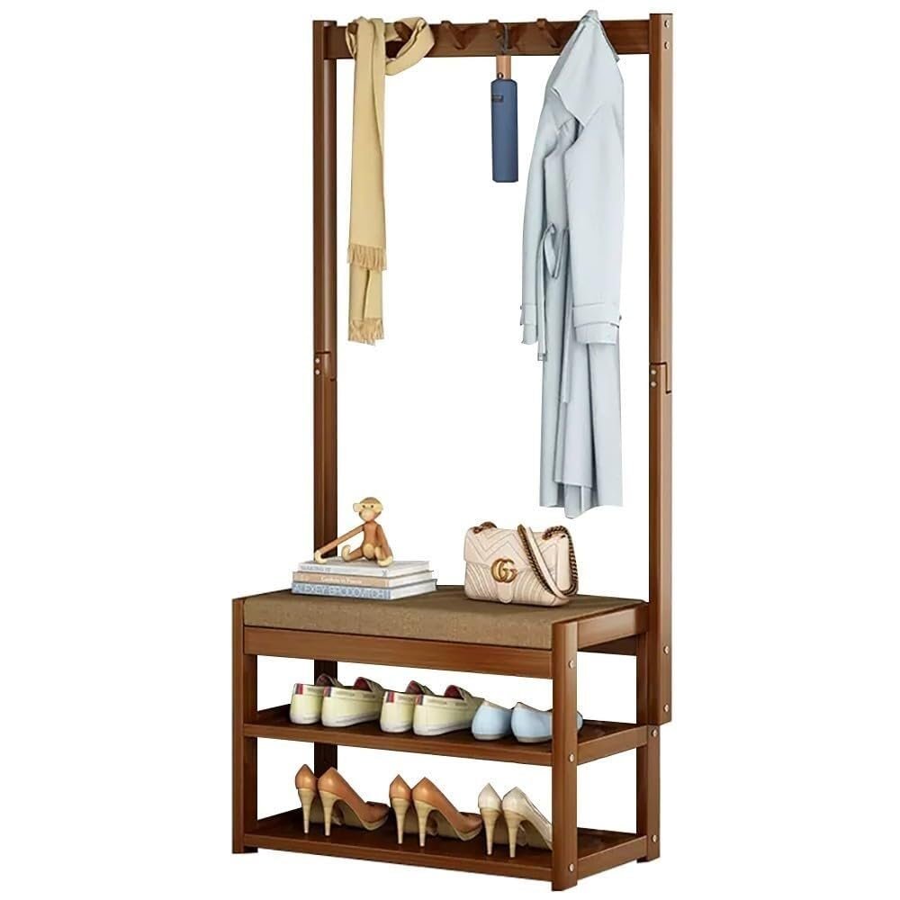 PPXCZZ Bamboo Hall Tree with Upholstered Shoe Bench, Coat Rack & Storage Shelf, Entryway Organizer for Bedroom & Mudroom(70x29x168cm)