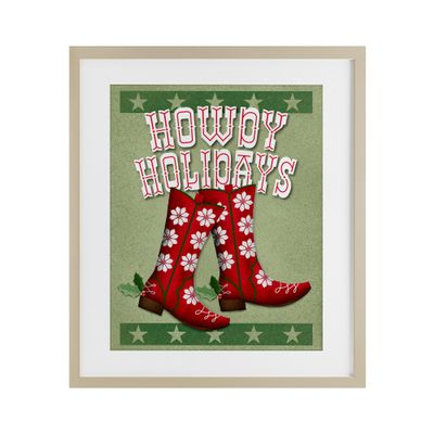 Howdy Holidays Cowboy Boots, 13 x 16 Inch Framed Print Under Glass