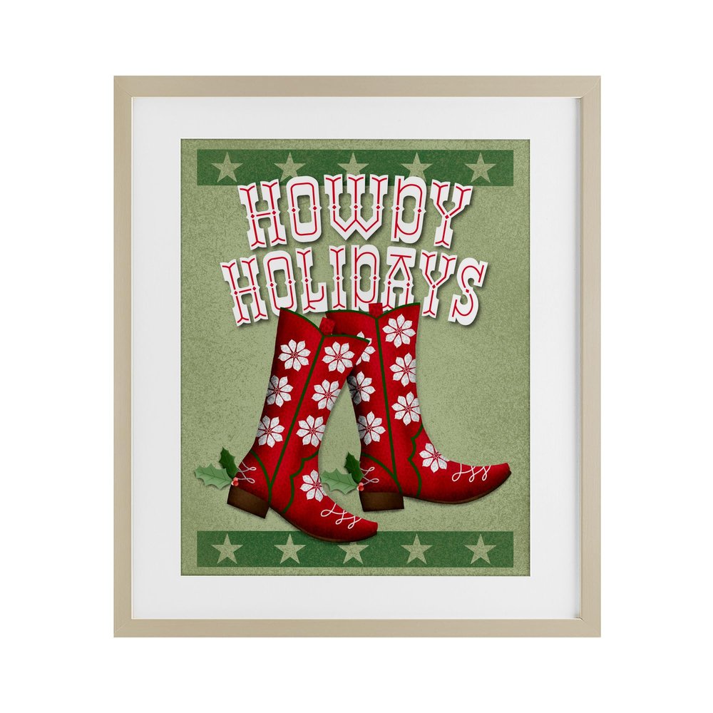 Howdy Holidays Cowboy Boots, 13 x 16 Inch Framed Print Under Glass