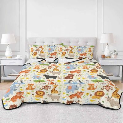 BketraquerC Twin Quilt Set, Cartoon Cute Wildlife Animal Lightweight Soft Microfiber Summer Bedspread Coverlet with 2 Pillow Shams, Tiger Lion Elephant 3 Piece Bedding Set for All Seasons