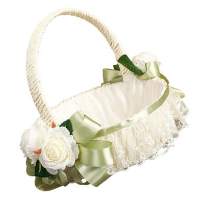 Light Green Flower Girl Basket with Ribbon Bow Elegant for Weddings