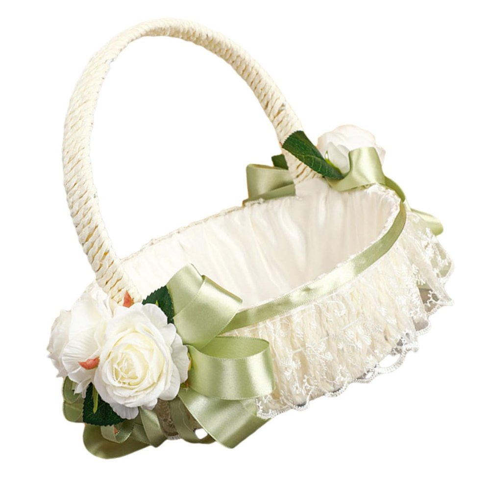 Light Green Flower Girl Basket with Ribbon Bow Elegant for Weddings