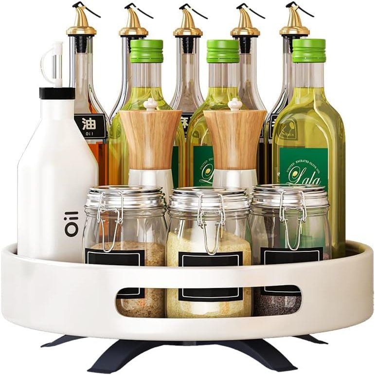 DRMEE Kitchen Storage,Apartment Rotary Spice Rack Carbon Steel Rotating Kitchen Rack Seasoning Rack Soy Sauce Bottle Seasoning Box Rack Fruit Storage Jars(White,1 Tier)