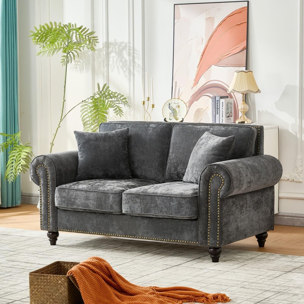 63.5" Chenille Loveseat Sofa - Traditional Rolled Arm Couch with Nailhead Trim, Chesterfield Couch with 2 Throw Pillows and Solid Wood Frame, Earthy Tone Upholstery 2-Seater Sofa for Living Room, Gray