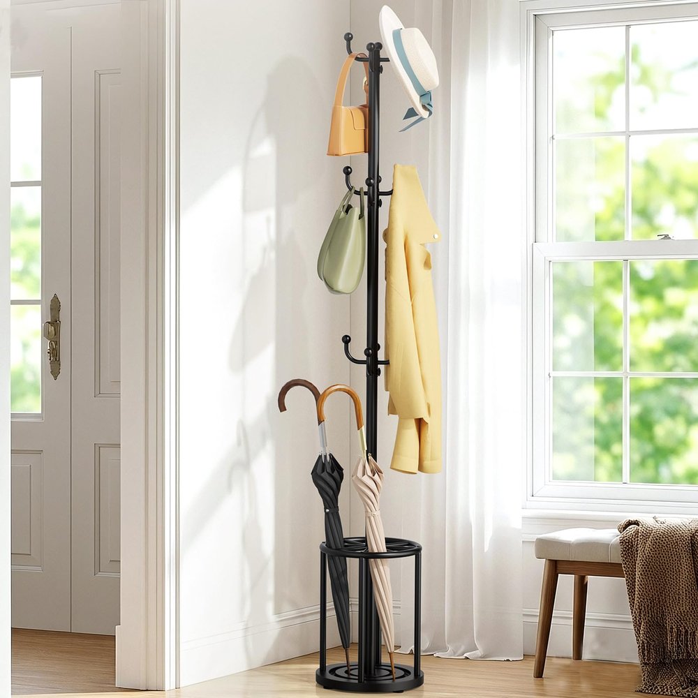 Coat Rack Freestanding, Black Coat Rack with Umbrella Holder, standing hat rack umbrella stand for entryway, coat hanger stand with 12 Hooks, office coat tree for Hat, Umbrella, jacket, Bag, Clothes