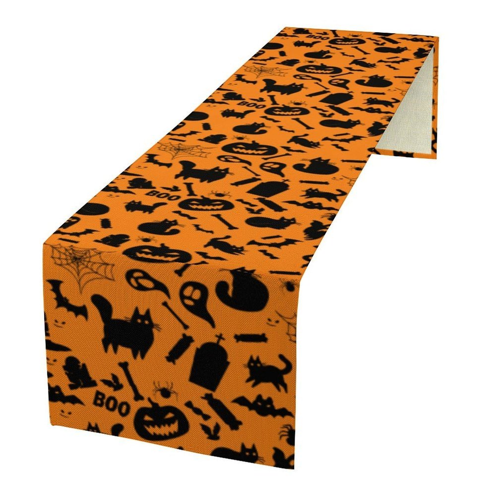 Halloween Table Runners Black Pumpkin Ghost Cat Bat Boo Orange Long Tablecloth for Party Decorations 184x34cm