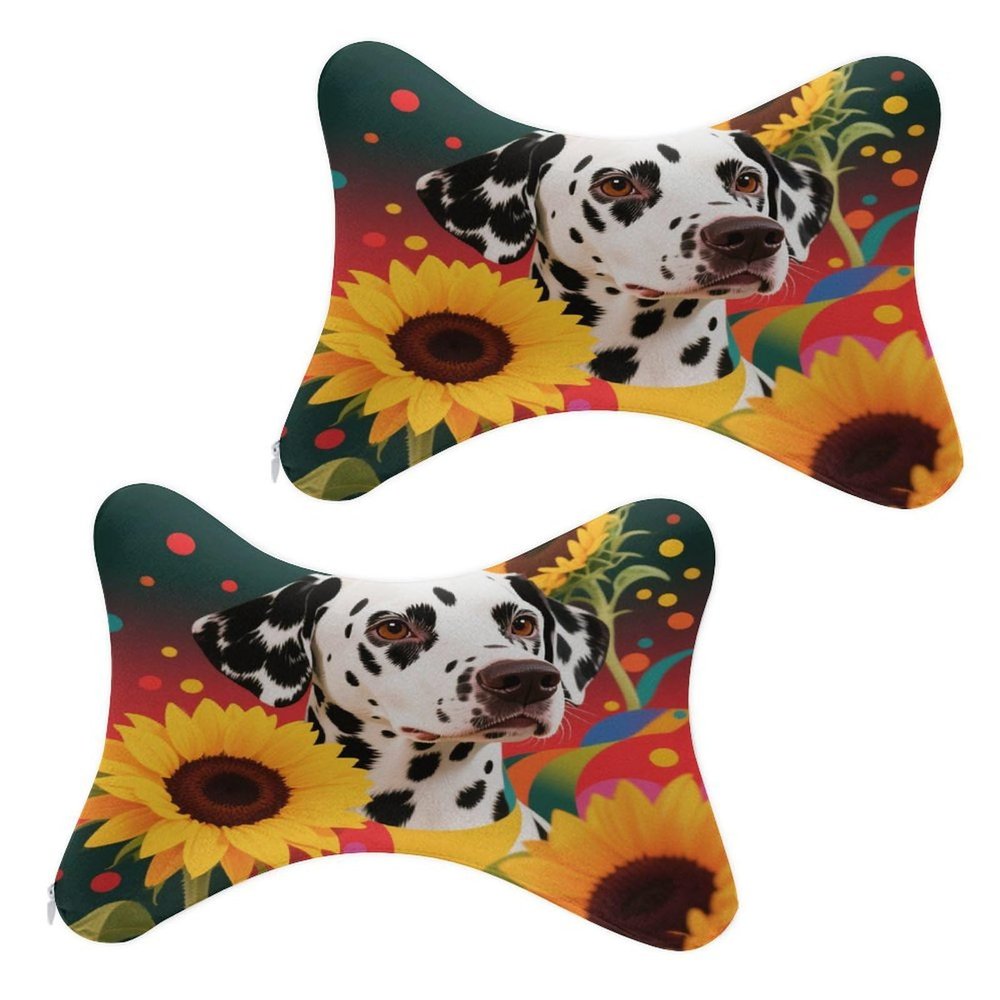2Pcs Dalmatian Dog Sunflowers Abstract Colorful Art Car Headrest Protect Neck Pillow Ergonomic Design, Breathable & Comfortable Memory Foam Car Headrest Pillow for Travel Car Seat & Home