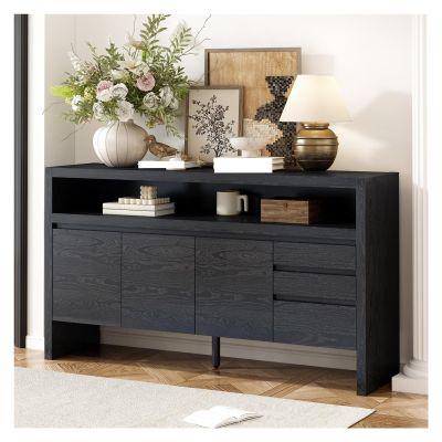 60" 3-Door Sideboard with 3 Drawers - Semi-Open Shelf & Center Semi-Circular Cutout in Back Panel,for Kitchen