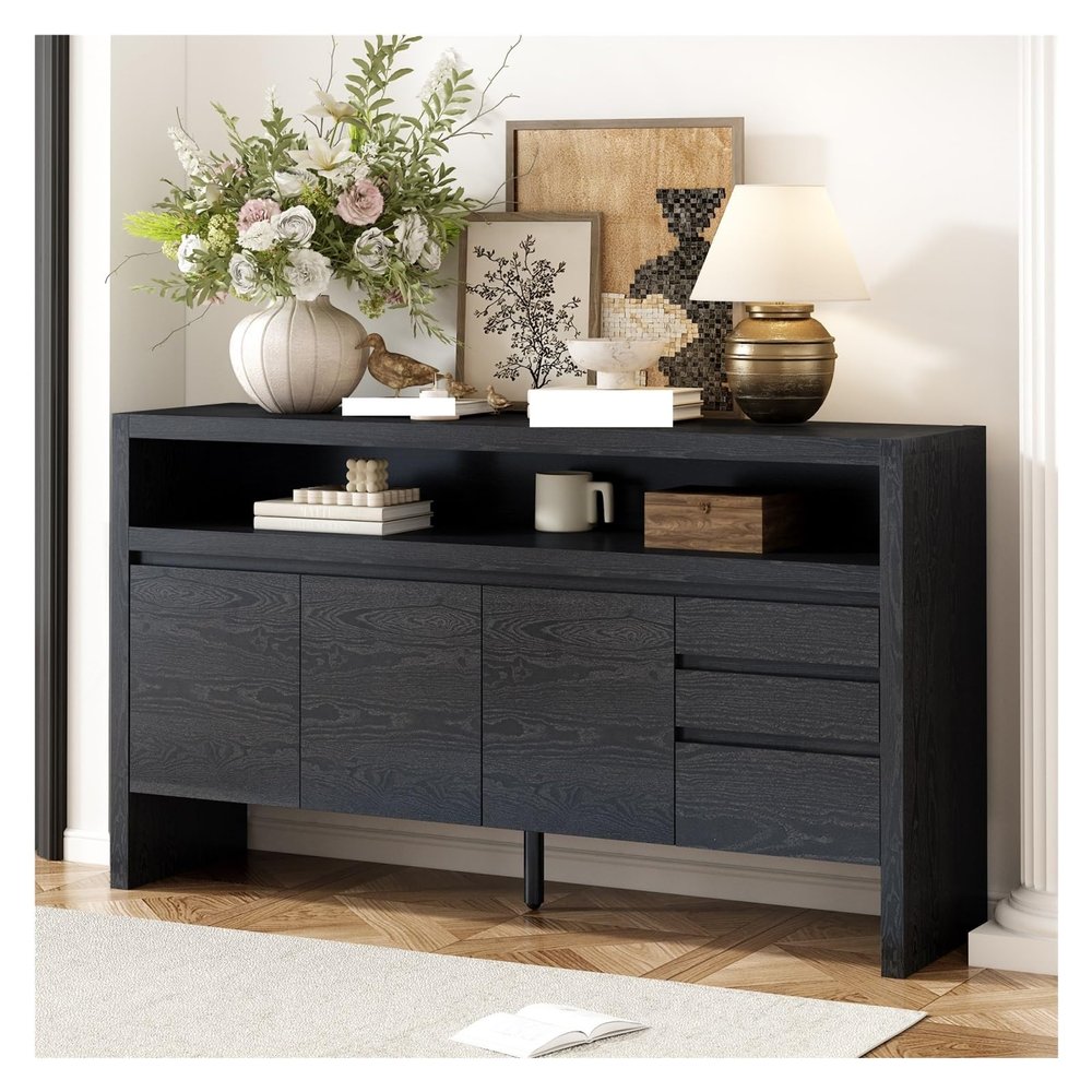60" 3-Door Sideboard with 3 Drawers - Semi-Open Shelf & Center Semi-Circular Cutout in Back Panel,for Kitchen