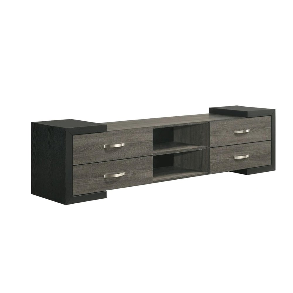 Benzara Teny TV Stand Media Cabinet, 70 Inch, 4 Drawers, Black Edge, Gray Wood