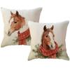 2Pack Christmas Horse Throw Pillowcases with Red Scarf Holly Berries Cushion Cover Winter Holiday Rustic Farmhouse Decorative Pillow Covers 18 x 18 Inches for Seasonal Sofa Couch Porch(Red) view 1