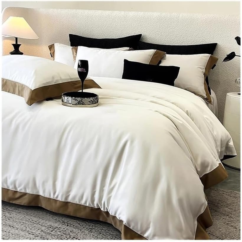 CAIMIAO Bedding 4-Piece Set Luxury Lyocell Cotton Bedding Set 4Pcs Soft Silky Pure Color Duvet Cover Bed Sheet and Pillowcase Bedding Comforter Set(Beige,Queen)