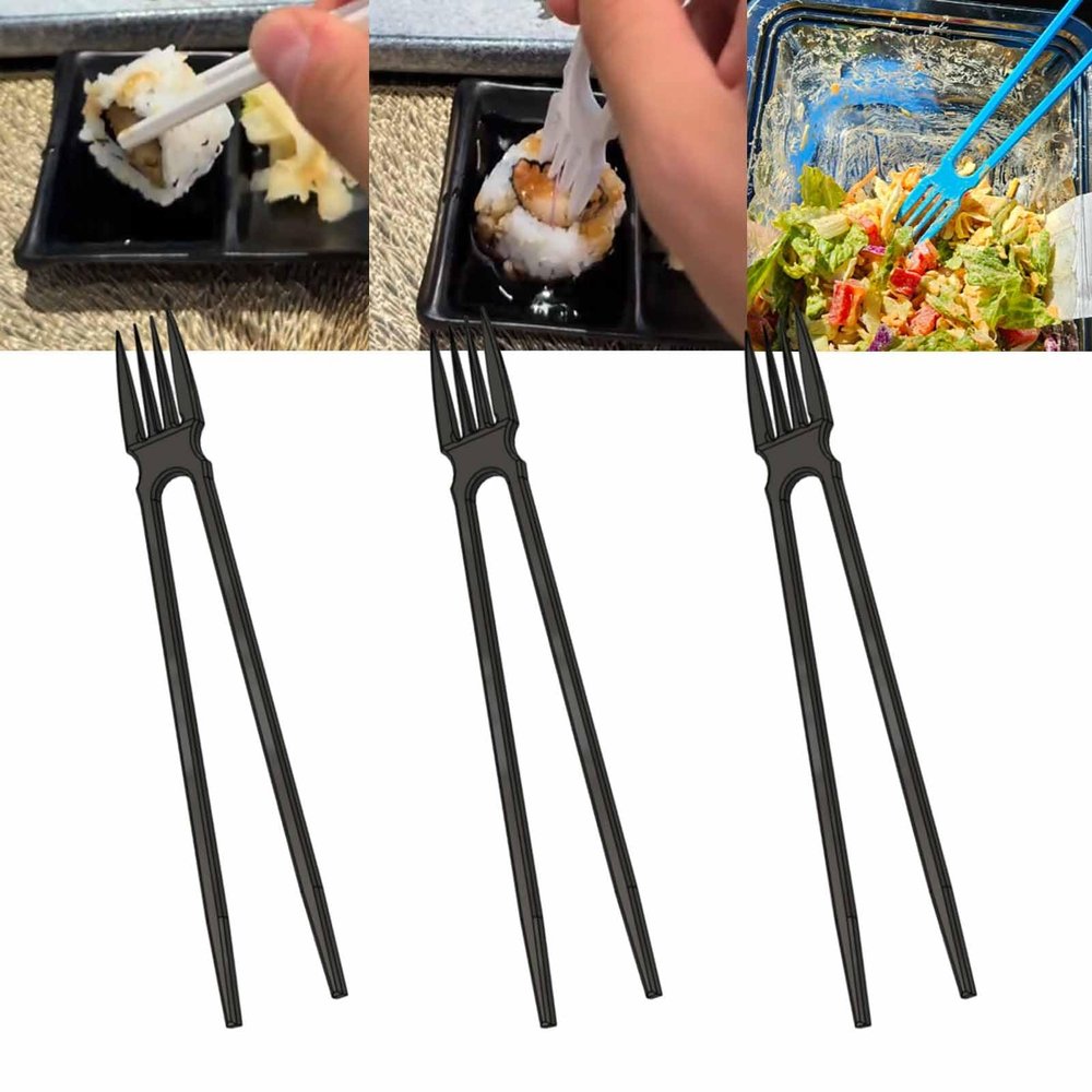 3D Printed 2-in-1 Chopsticks, Reusable Sticks and Fork in One, Fork Tip Chopstick Combo, Versatile Lightweight Portable Eating Tool, Easy Dining, Utensil for Sushi Noodles and Asian Cuisine(Black*3)