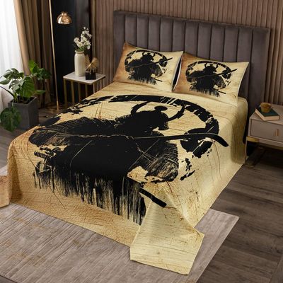 Manfei Japanese Warrior Kids Bedspread King Size,Vintage Wood Simple Coverlet Set,Girls Boys Room Decor,Eastern Culture Quilted Coverlet,Black & Yellow Bedding Quilt,2 Pillowcases