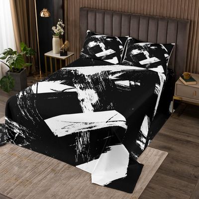 Manfei Abstract Art Kids Bedspread Twin Size,Geometric Lines Circle Coverlet Set,Girls Boys Room Decor,Modern Simplie Exotic Quilted Coverlet,Black White Bedding Quilt,1 Pillowcase