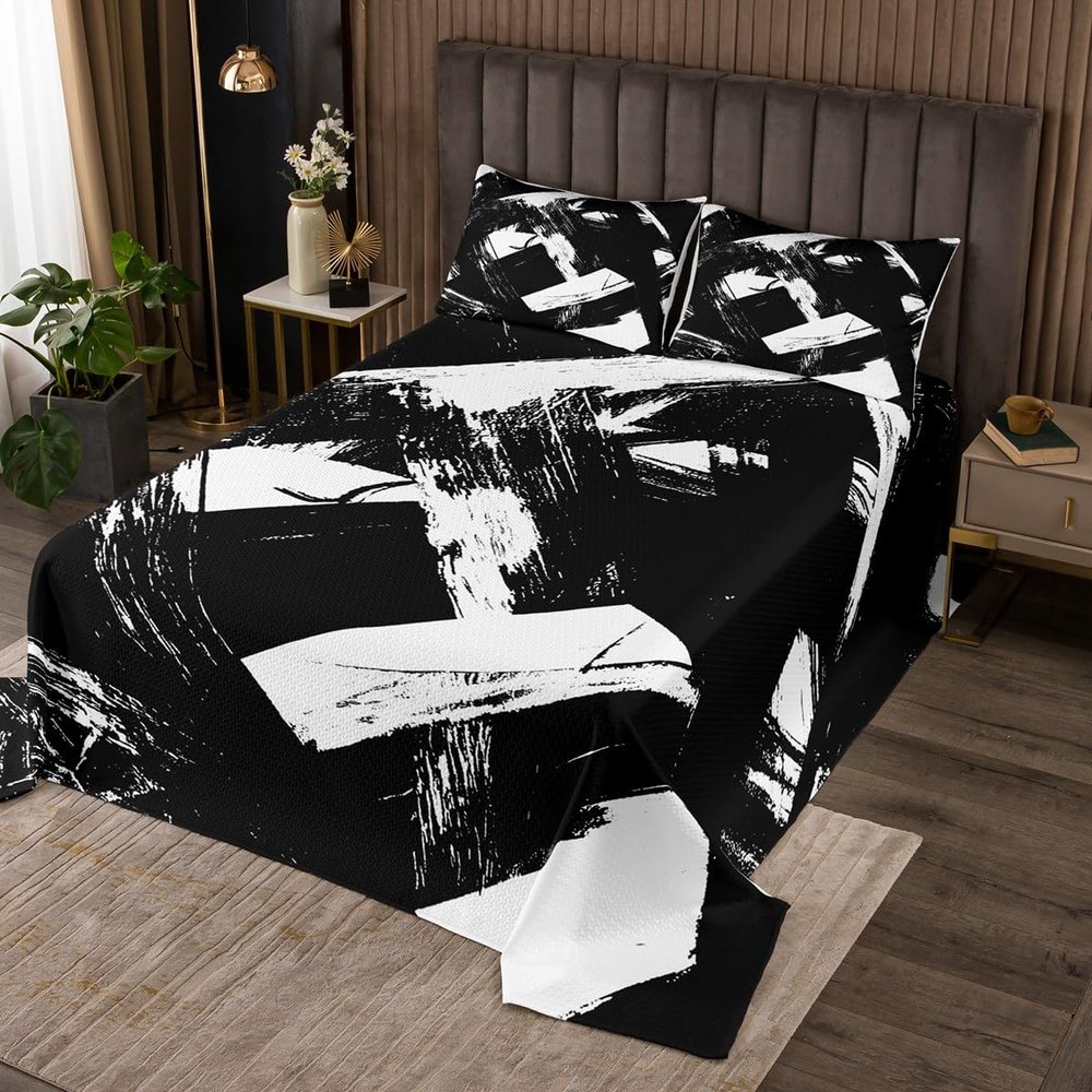 Manfei Abstract Art Kids Bedspread Twin Size,Geometric Lines Circle Coverlet Set,Girls Boys Room Decor,Modern Simplie Exotic Quilted Coverlet,Black White Bedding Quilt,1 Pillowcase
