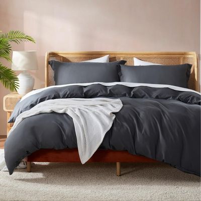 3 Piece Modern Tightly Woven Design Queen Duvet Cover Set Silky Plush Soft Texture | All Seasons Charcoal Grey Color Western Bedding Attached Ties Large Button Closures Wrinkle Fade Resistant