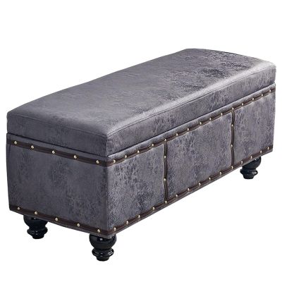 WANGYANN Footstool with Storage, Leather Upholstered Seat, Solid Wood Legs, Multi-Functional Rectangular Stool for Living Room, Bedroom, Entryway(Gray,80x40x45cm)