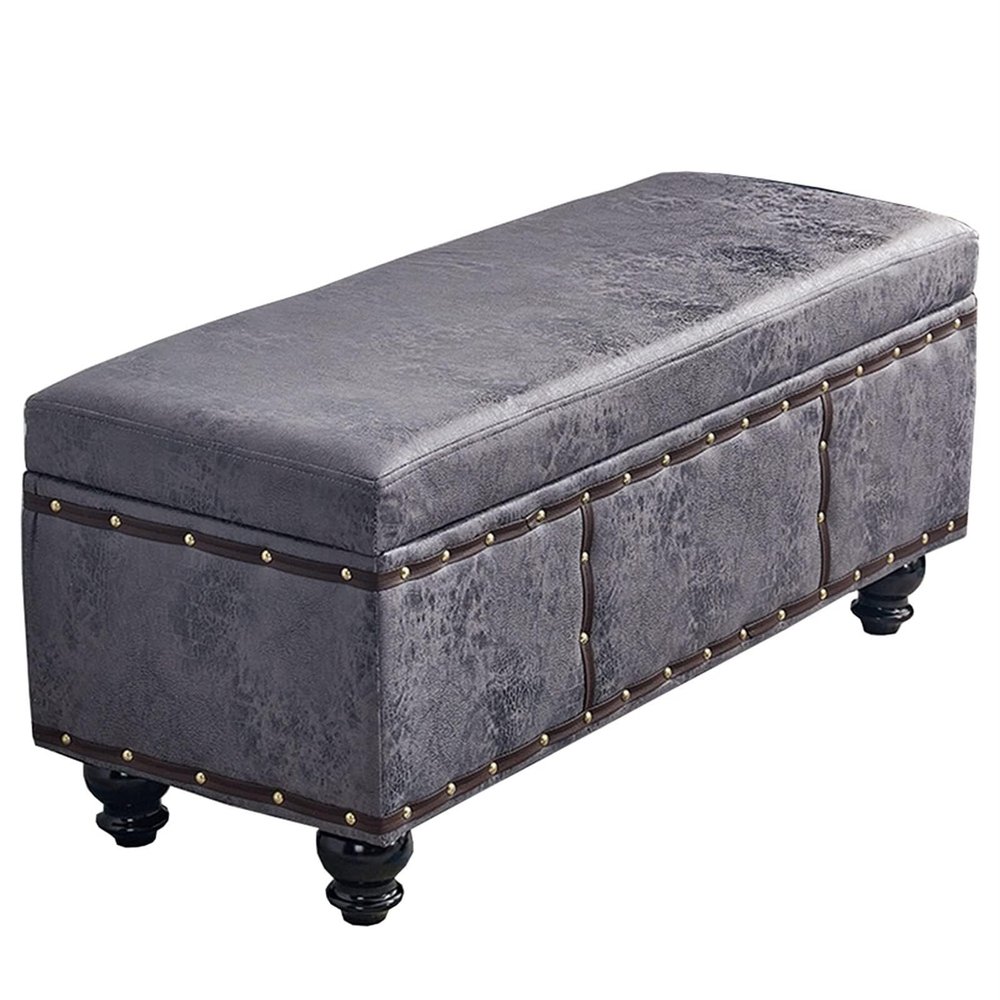 WANGYANN Footstool with Storage, Leather Upholstered Seat, Solid Wood Legs, Multi-Functional Rectangular Stool for Living Room, Bedroom, Entryway(Gray,80x40x45cm)