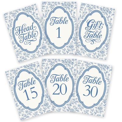 GOMAKERER 32 Pcs Wedding Table Numbers Cards, 1-30 Blue Flower Retro Border Double Sided Wedding Table Numbers Signs with Head Table Card Party Centerpiece for Birthday Bridal Event Reception