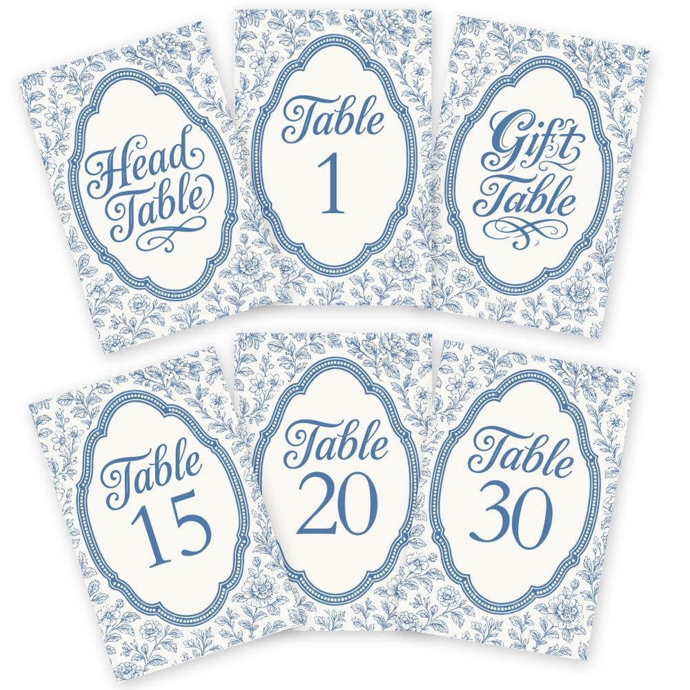 GOMAKERER 32 Pcs Wedding Table Numbers Cards, 1-30 Blue Flower Retro Border Double Sided Wedding Table Numbers Signs with Head Table Card Party Centerpiece for Birthday Bridal Event Reception