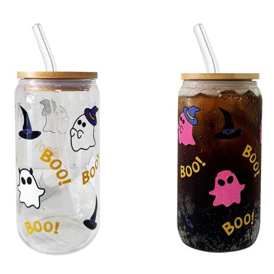 anabox Color Changing Mug Glass Cups Drinking Glasses Cup with Bamboo Lids and Straws, 16oz Glass Tumbler for Ice Coffee Milk Tea Juice, Cold/hot Drinks, Cute Ghost printed glass cup with Straw Brush