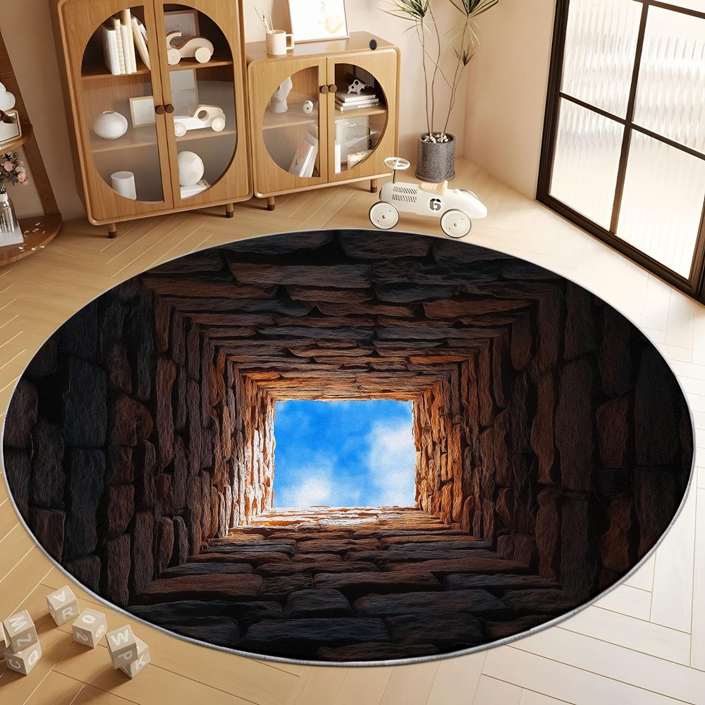 Brown Circle Rug - 6ft Washable Round Area Rugs for Living Room Non-Slip Throw Dining Room Rug Large Round Carpet, Stone Tunnel Sky Print Circular Mat for Bedroom Office