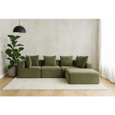 111.02-inch Cloud Sectional Sofa with Footrest, L-Shaped with Deep Seat, Oversized Boneless, Textured Corduroy Chair, Suitable for Apartments, Offices, Compressed Design (Green)