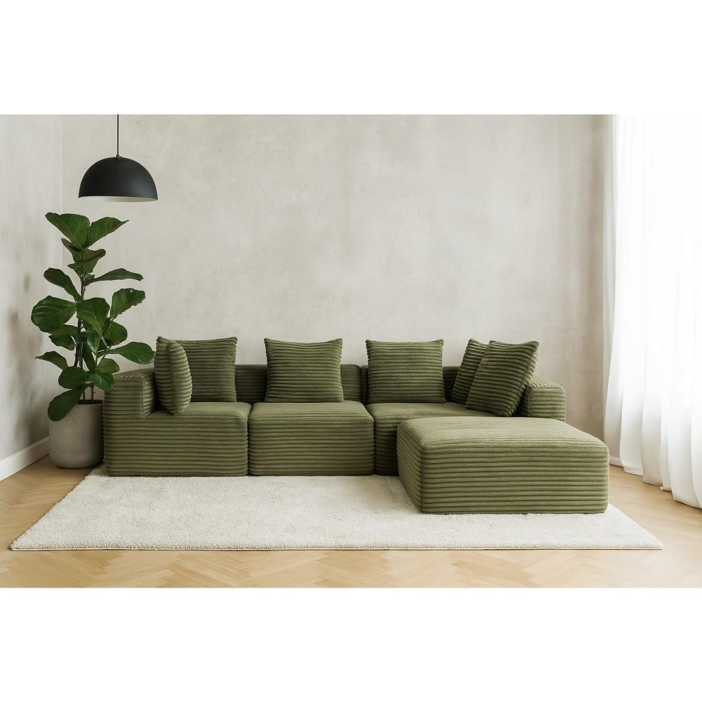 111.02-inch Cloud Sectional Sofa with Footrest, L-Shaped with Deep Seat, Oversized Boneless, Textured Corduroy Chair, Suitable for Apartments, Offices, Compressed Design (Green)