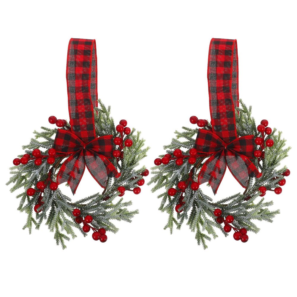 2 Pcs Christmas Small Wreaths for Kitchen Cabinets 10" Red Berry & Plaid Ribbon Bows Mini Christmas Window Wreaths Home Party Xmas Decorations