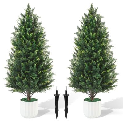 3FT Artificial Cedar Topiary Trees Set of 2 Detachable Planter & Spike,UV Resistant Faux Plants Outdoor and Indoor,Realistic Fake Bushes Pine Tree for Front Porch Decor Patio Offices Living Room