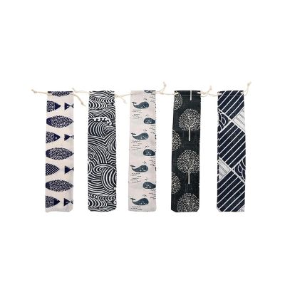 OHEETU 5PCS Reusable Linen Drawstring Cutlery Pouches Japanese-Inspired Style Travel Tableware Storage Bags for Spoon Fork Chopsticks Straws (6x26cm)