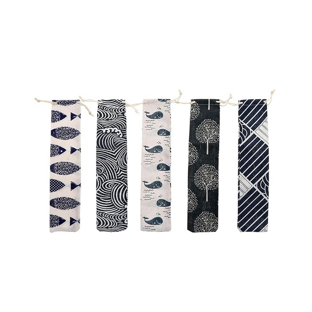 OHEETU 5PCS Reusable Linen Drawstring Cutlery Pouches Japanese-Inspired Style Travel Tableware Storage Bags for Spoon Fork Chopsticks Straws (6x26cm)
