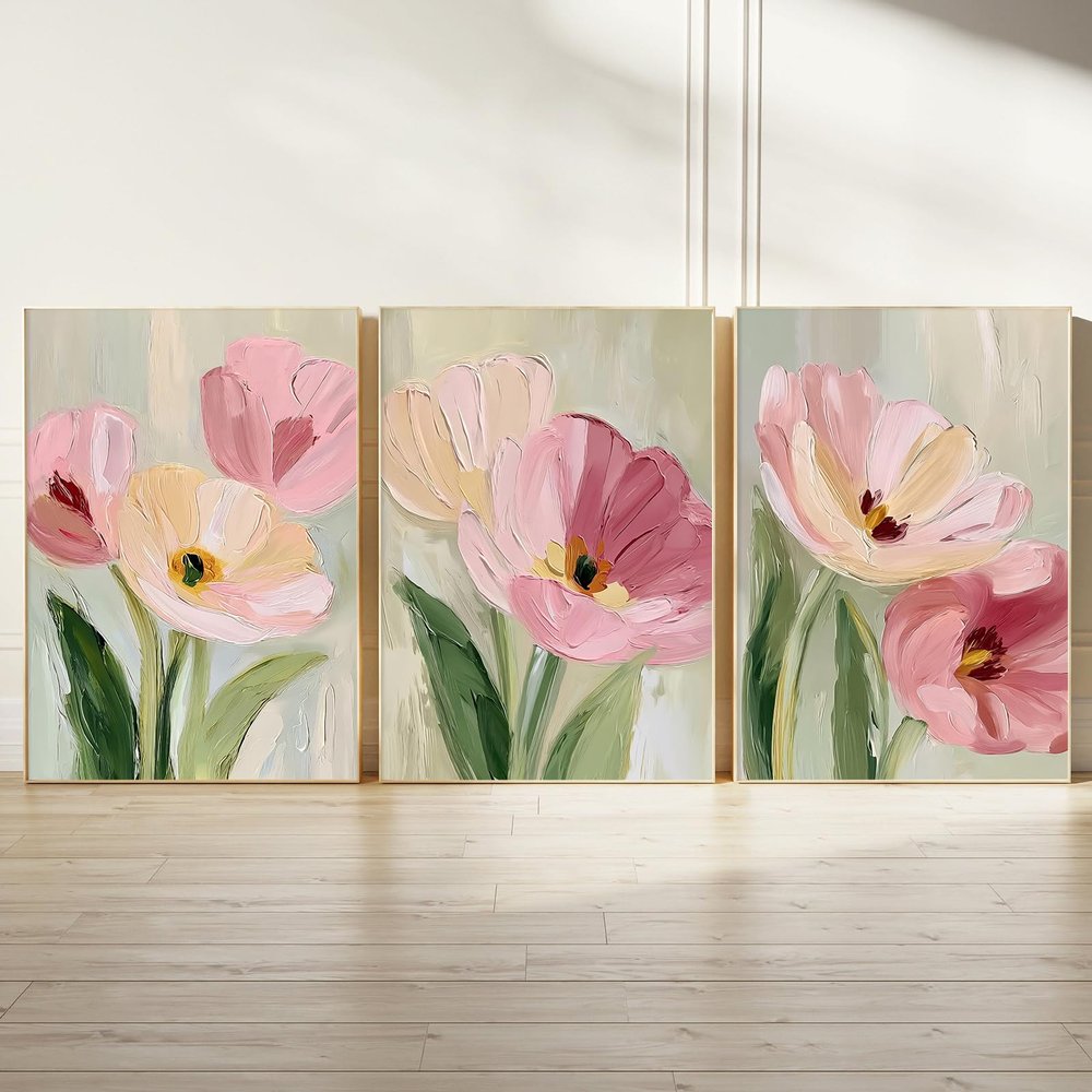 Pink and Green Floral Wall Art Abstract Tulip Print 16x24inx3 No Frame