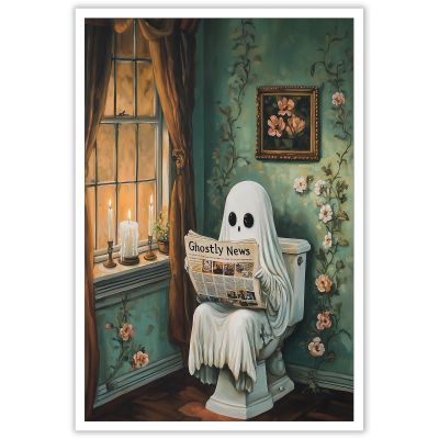 Halloween Bathroom Ghost Reading Newspaper Wall Art Funny Ghost On Toilet Posters Spooky Dark Academia Gothic Canvas Print Vintage Whimsical Horror Wall Decor for Bedroom Dorm 16x24in Unframed