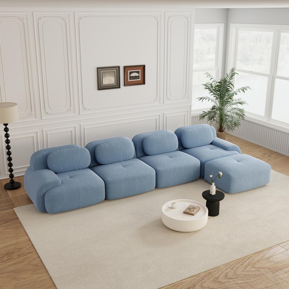 151.9" Modular Sectional Sofa Boneless Cloud Couch, 4-Seater Deep Seat Cloud Couch, Luxury Corduroy Fabric Sofa, for Living Rooms, Bedrooms, Apartment (Blue, 151.9inch+Ottoman)