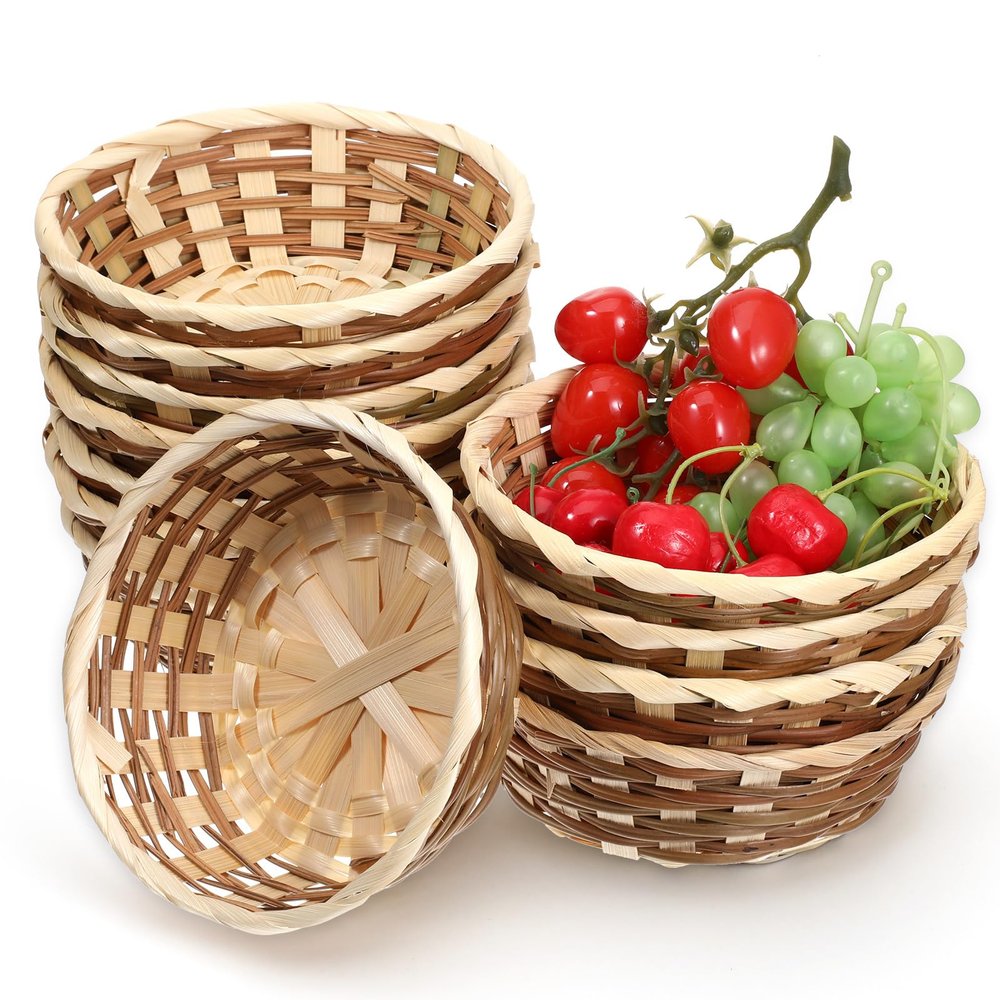 12 Pack Round Gift Baskets, 6.7" Natural Bamboo Woven Fruit Basket, Bamboo Bread Fruit-Basket Food Storage Serving Basket for Kitchen, Restaurant, Centerpiece Display, Party, Wedding