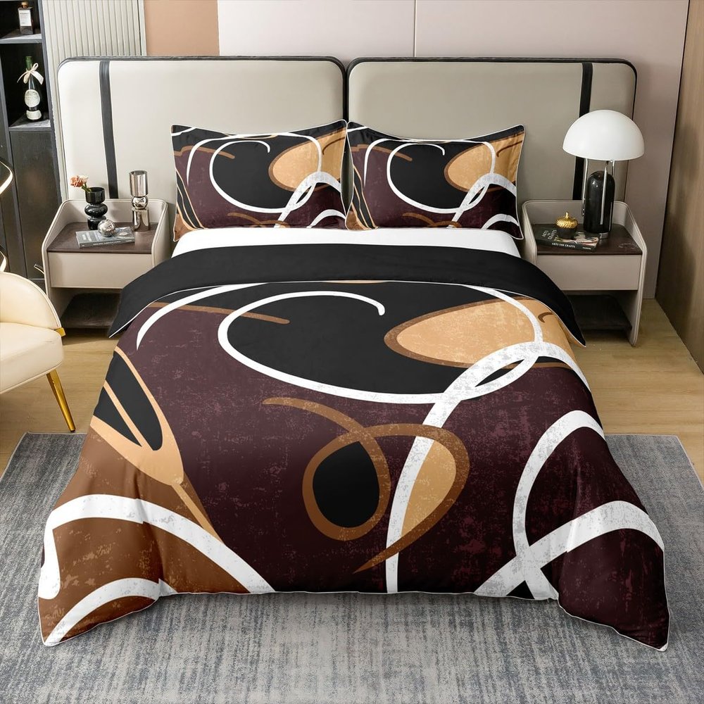100% Cotton Geometric Spiral Duvet Cover Black Brown White Geometric Swirls Bedding Set for Men Women Adults Circles Modern Simple Style Quilt Cover,2 Pillowcases(No Comforter) Full Size 3 Pcs