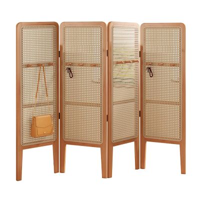 GOCHUSX Rattan Room Divider, Folding Wood Partition Screen, Freestanding Wooden Privacy Screen, Indoor Partition Wall Dividers for Bedroom, Office, Living Room(Brown+Wood,47x150cm-4pcs)