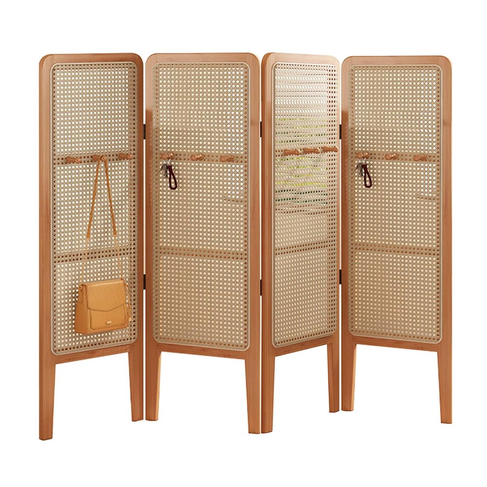 GOCHUSX Rattan Room Divider, Folding Wood Partition Screen, Freestanding Wooden Privacy Screen, Indoor Partition Wall Dividers for Bedroom, Office, Living Room(Brown+Wood,47x150cm-4pcs)
