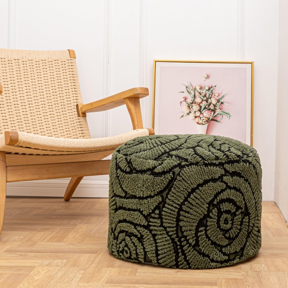 Asuprui Fluffy Flower Pouf Ottoman Cover Only 20"x14" Round Plush Fuzzy Pouf Shell for Footrest, Stool or Floor Seat, Soft Removable Home Decor (No Insert Included) (Green)