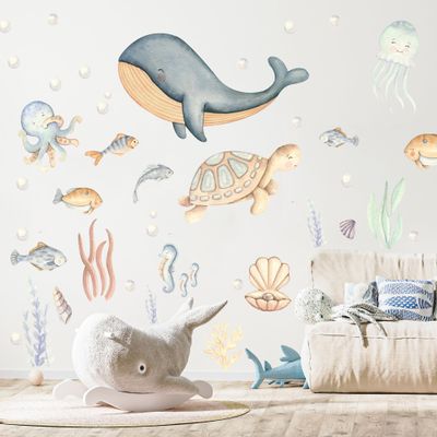 BUBUROOM Under The Sea Wall Decals Sea Life Stickers, Removable Wall Stickers, Watercolor Ocean Animals, Peel & Stick, for Nursery Baby Kids Bedroom Bathroom, Small Set (35" W x 22" H) 50 Pcs