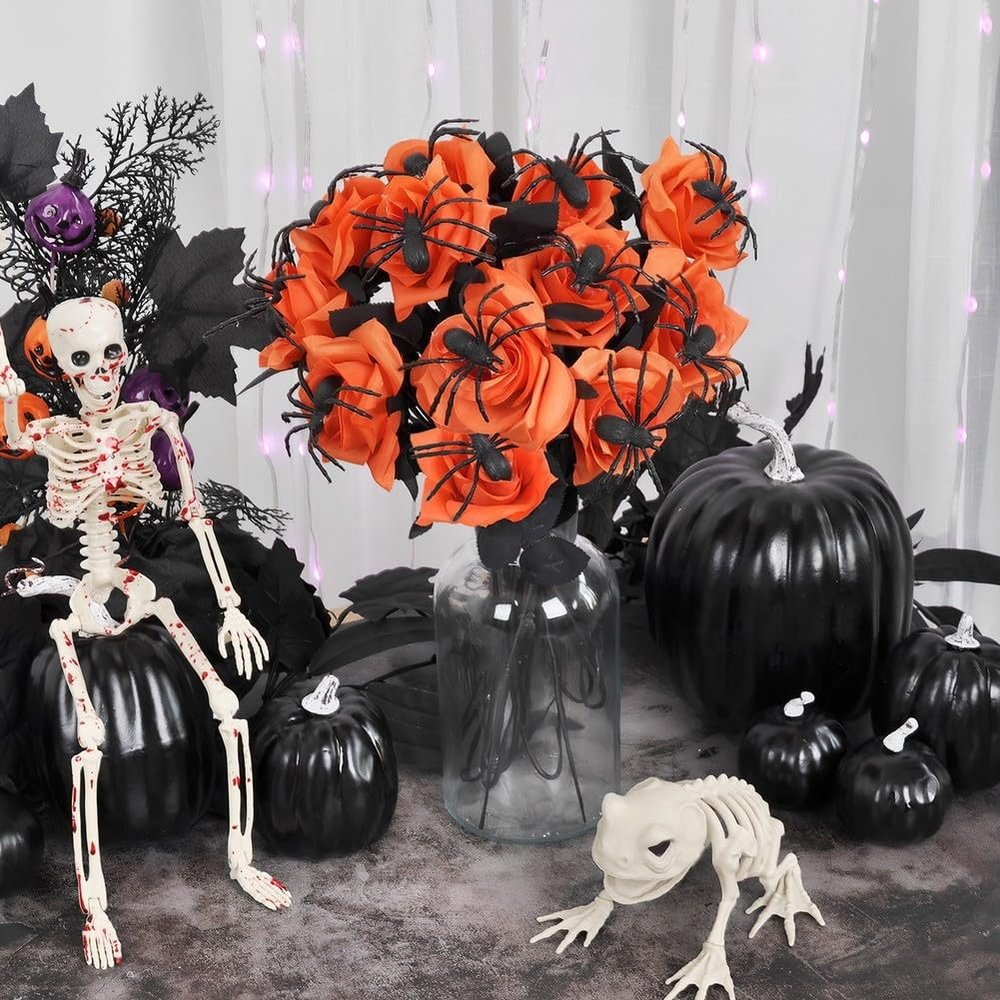10Pcs Halloween Flowers with Spider, Fake Bouquet Bloody Black Roses Artificial Halloween Bouquet Roses for Halloween Vase Arrangements Table Decorations(Orange)