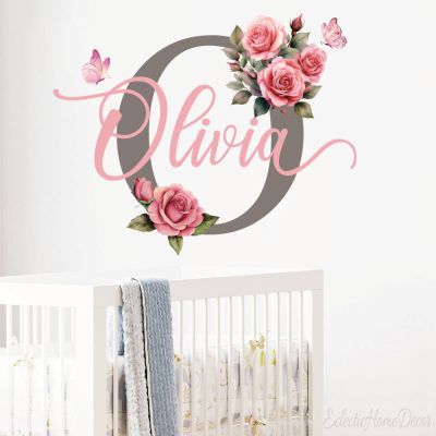 Custom Pink Flower Name Wall Decal - Personalized Girls Room Decor, Removable Rose Vinyl Sticker, Nursery & Bedroom Wall Art for Girls