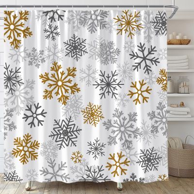 ABONAN Christmas Shower Curtain Golden Snowflake Winter Grey Merry Xmas Holiday Fabric Bathroom Curtain Decor Bath Set with Hooks(47" WX70 H)